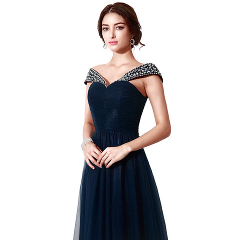 Glamorous Off - Shoulder Navy Blue Tulle Evening Gown with Embellished Neckline Prom Dress, SD204