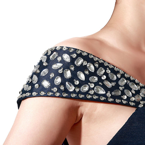 Glamorous Off - Shoulder Navy Blue Tulle Evening Gown with Embellished Neckline Prom Dress, SD204