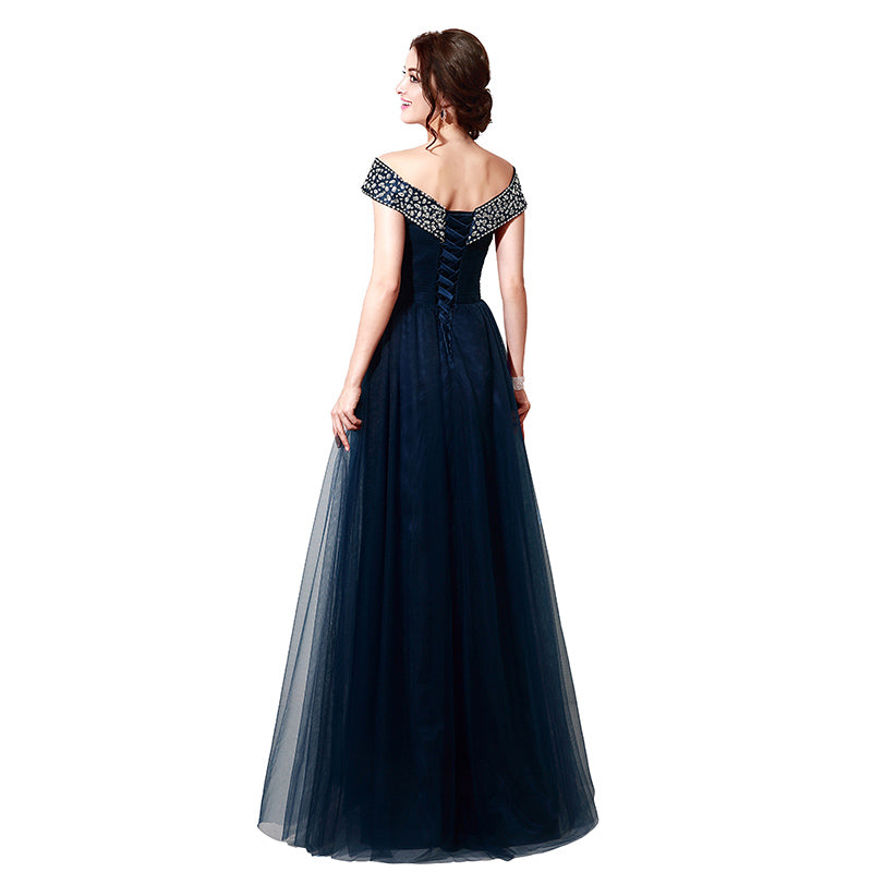 Glamorous Off - Shoulder Navy Blue Tulle Evening Gown with Embellished Neckline Prom Dress, SD204