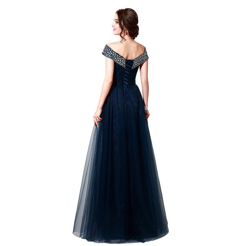 Glamorous Off - Shoulder Navy Blue Tulle Evening Gown with Embellished Neckline Prom Dress, SD204