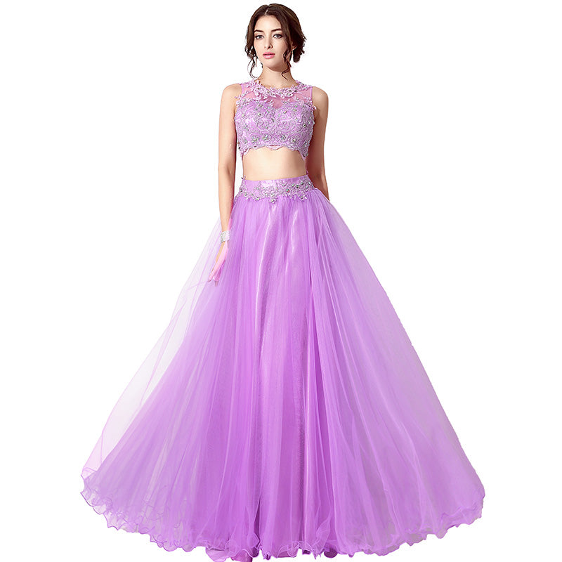 Gorgeous Two - Piece Purple Tulle Evening Dress with Embroidered Crop Top, SD205