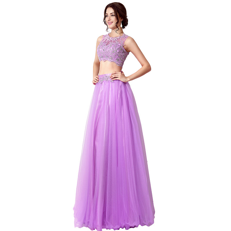Gorgeous Two - Piece Purple Tulle Evening Dress with Embroidered Crop Top, SD205
