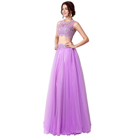 Gorgeous Two - Piece Purple Tulle Evening Dress with Embroidered Crop Top, SD205