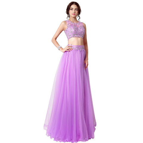 Gorgeous Two - Piece Purple Tulle Evening Dress with Embroidered Crop Top, SD205