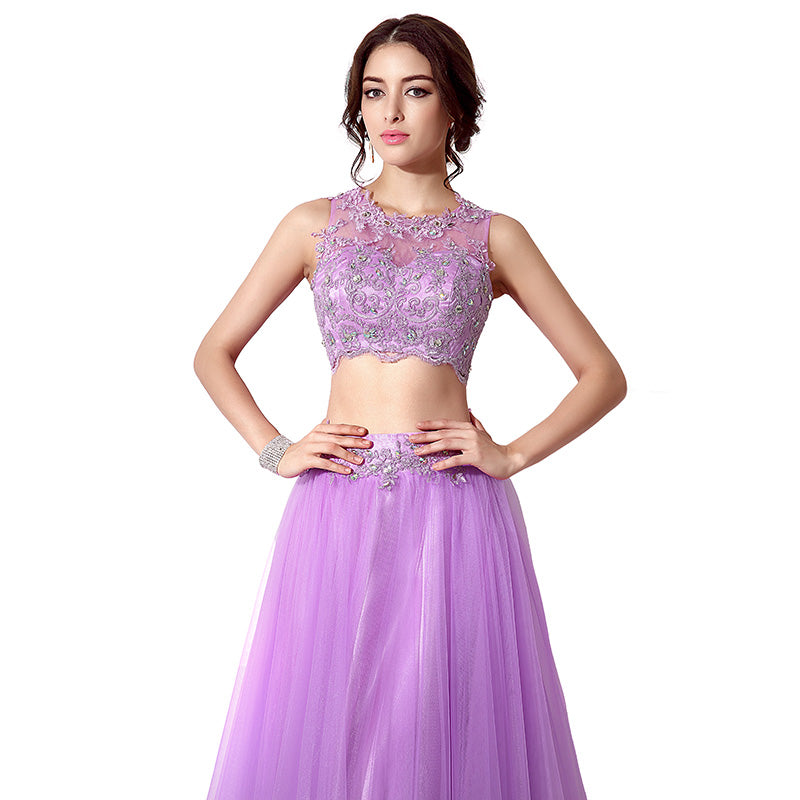 Gorgeous Two - Piece Purple Tulle Evening Dress with Embroidered Crop Top, SD205