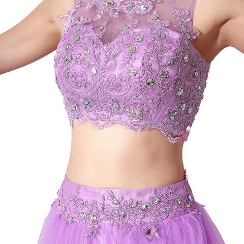 Gorgeous Two - Piece Purple Tulle Evening Dress with Embroidered Crop Top, SD205
