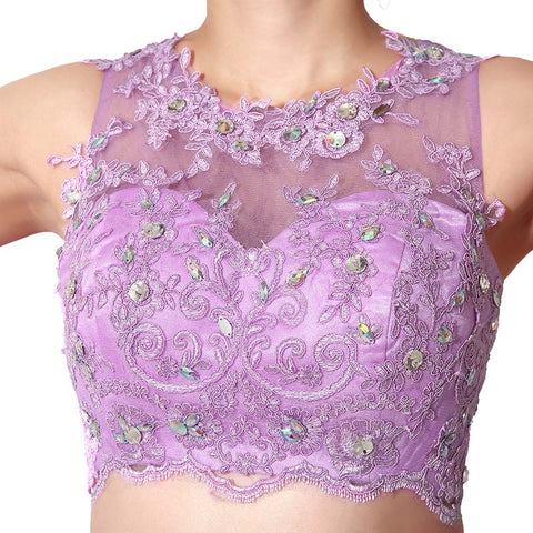 Gorgeous Two - Piece Purple Tulle Evening Dress with Embroidered Crop Top, SD205