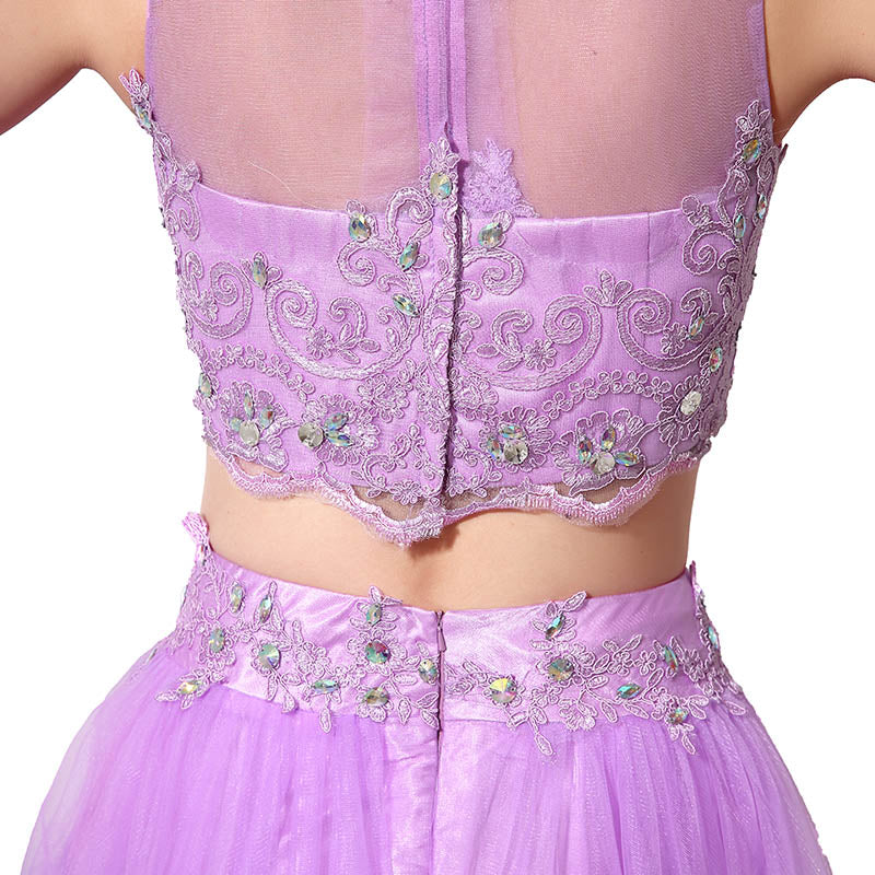 Gorgeous Two - Piece Purple Tulle Evening Dress with Embroidered Crop Top, SD205
