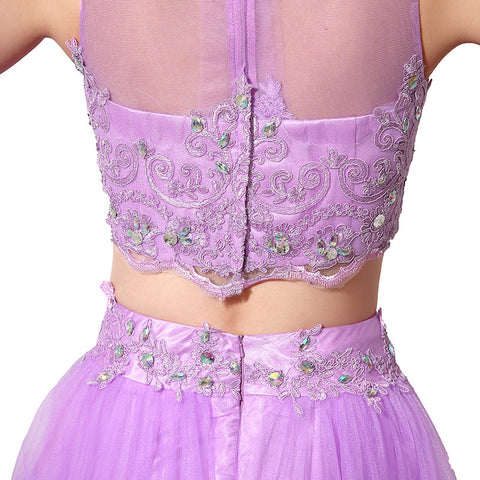 Gorgeous Two - Piece Purple Tulle Evening Dress with Embroidered Crop Top, SD205