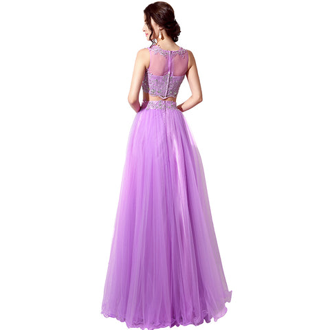 Gorgeous Two - Piece Purple Tulle Evening Dress with Embroidered Crop Top, SD205