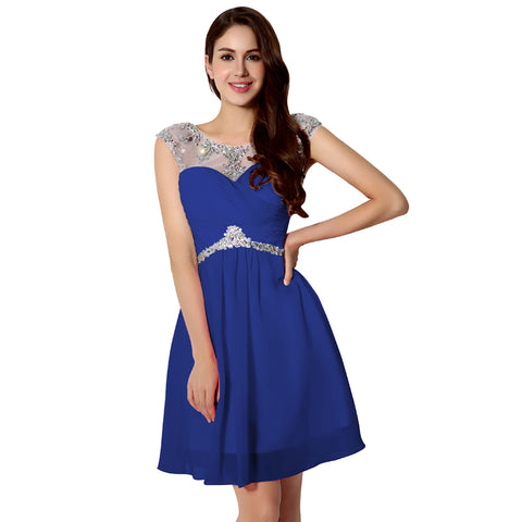 Stunning Blue Short Dress with Embellished Mesh Neckline and Waist - Prom Dress, SD218