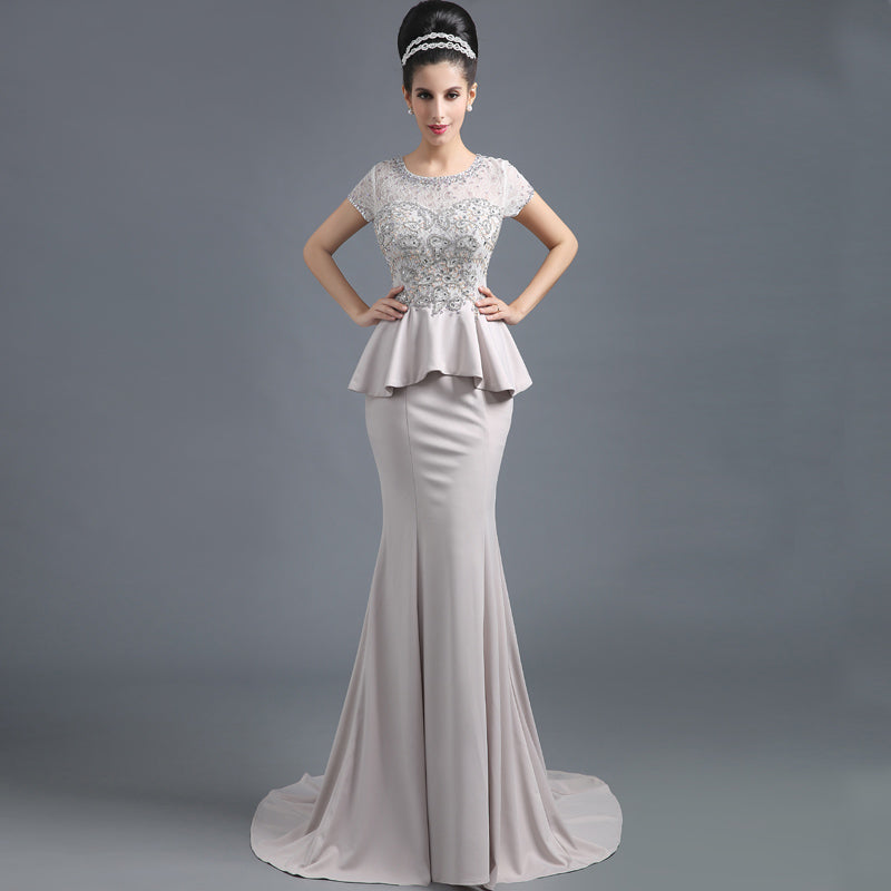 Exquisite Short - Sleeved Embellished Mermaid Evening Gown with Peplum Waist and Train Prom Dress, SD291
