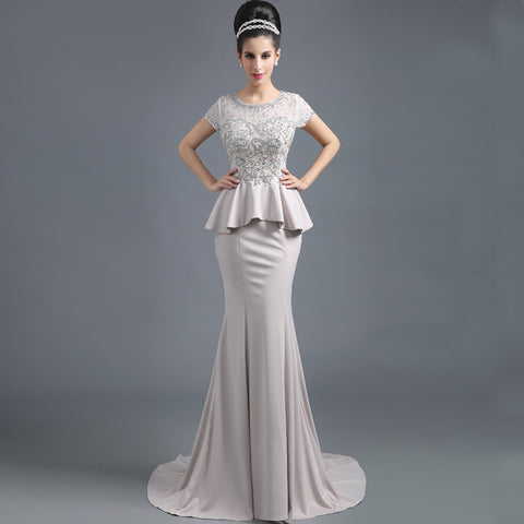 Exquisite Short - Sleeved Embellished Mermaid Evening Gown with Peplum Waist and Train Prom Dress, SD291