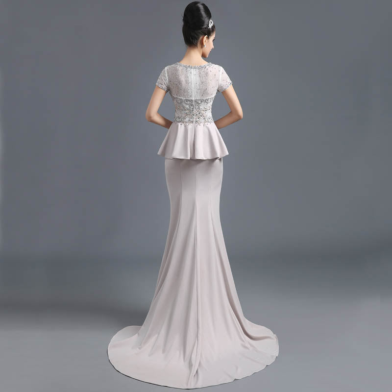 Exquisite Short - Sleeved Embellished Mermaid Evening Gown with Peplum Waist and Train Prom Dress, SD291