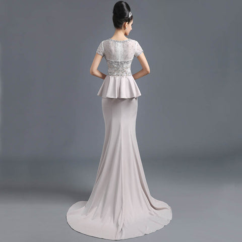 Exquisite Short - Sleeved Embellished Mermaid Evening Gown with Peplum Waist and Train Prom Dress, SD291