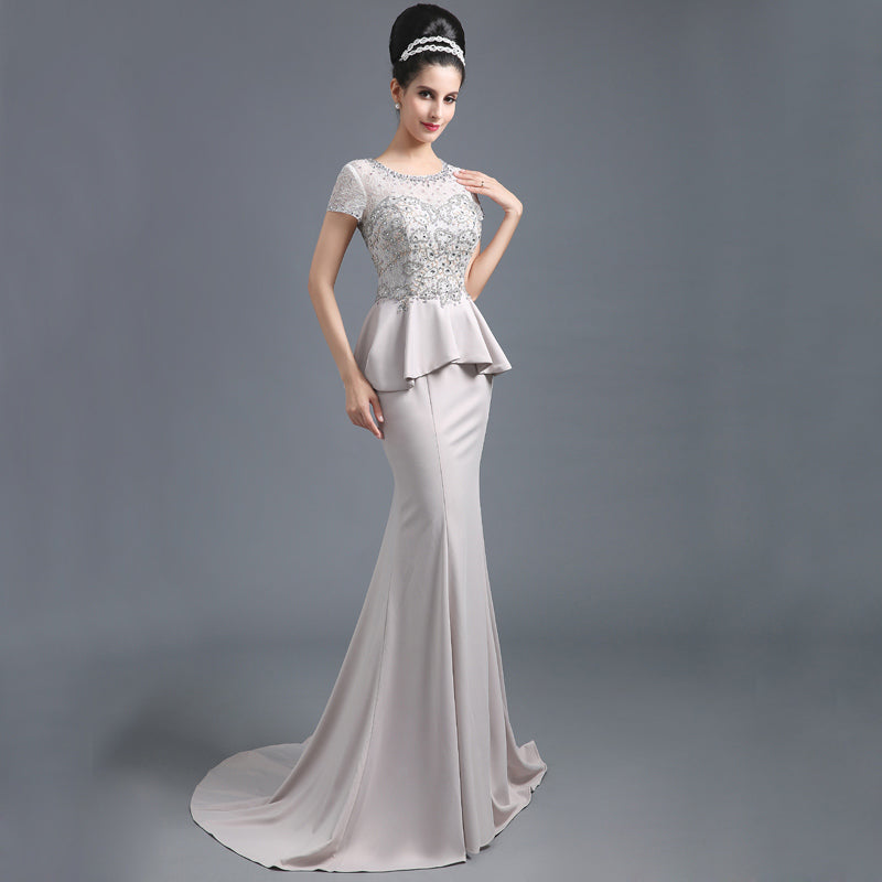 Exquisite Short - Sleeved Embellished Mermaid Evening Gown with Peplum Waist and Train Prom Dress, SD291