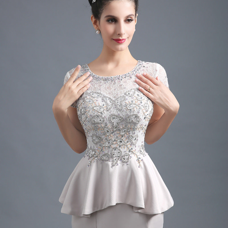 Exquisite Short - Sleeved Embellished Mermaid Evening Gown with Peplum Waist and Train Prom Dress, SD291