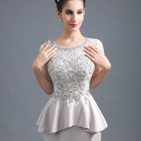 Exquisite Short - Sleeved Embellished Mermaid Evening Gown with Peplum Waist and Train Prom Dress, SD291