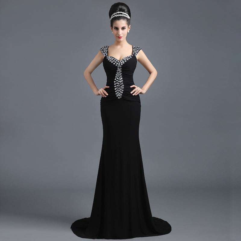 Glamorous Black Mermaid - Style Evening Gown with Crystal Embellishments Prom Dress, SD301