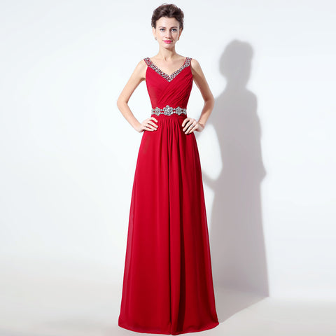 Elegant Red V - Neck Sleeveless Evening Gown with Embellished Waistband Prom Dress, SD306