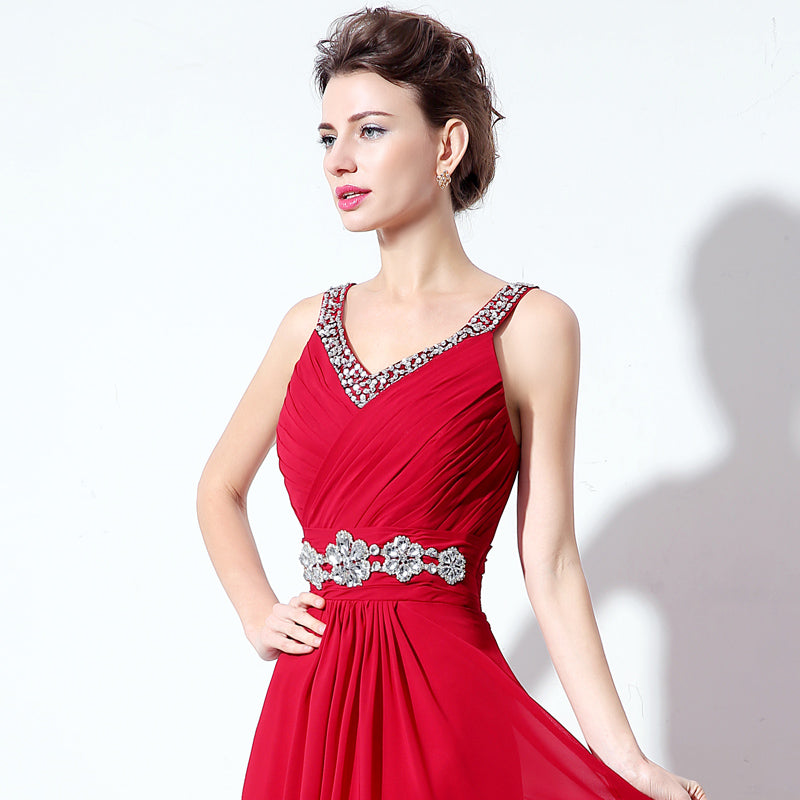 Elegant Red V - Neck Sleeveless Evening Gown with Embellished Waistband Prom Dress, SD306