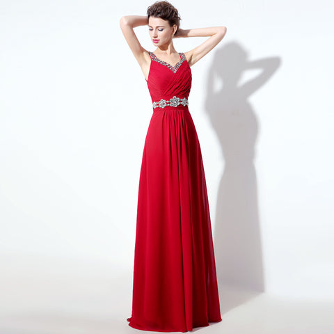 Elegant Red V - Neck Sleeveless Evening Gown with Embellished Waistband Prom Dress, SD306