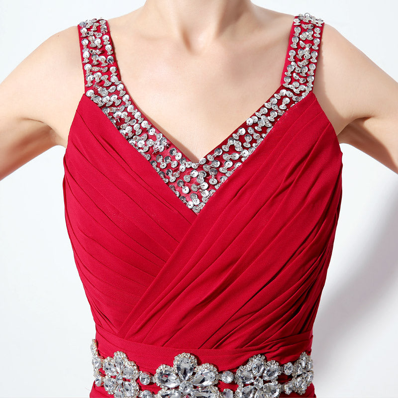Elegant Red V - Neck Sleeveless Evening Gown with Embellished Waistband Prom Dress, SD306