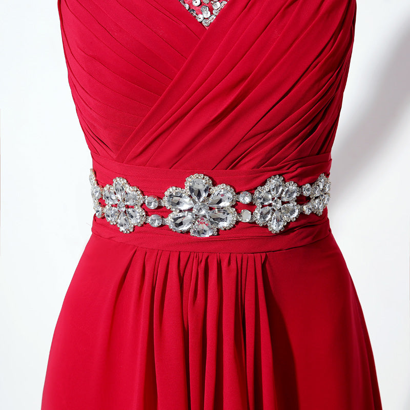 Elegant Red V - Neck Sleeveless Evening Gown with Embellished Waistband Prom Dress, SD306