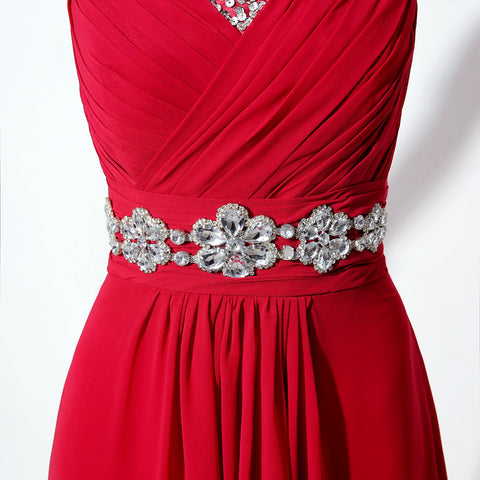 Elegant Red V - Neck Sleeveless Evening Gown with Embellished Waistband Prom Dress, SD306