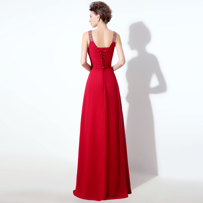 Elegant Red V - Neck Sleeveless Evening Gown with Embellished Waistband Prom Dress, SD306