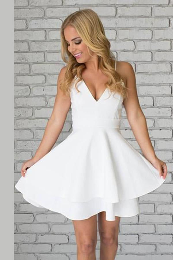 Simple V Neck Satin Spaghetti Straps  Homecoming Dresses for Teens