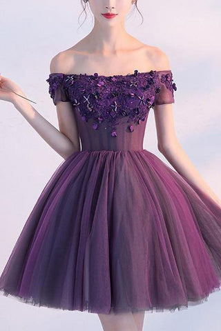 Simple Off Shoulder Tulle Short Homecoming Dress With Appliques