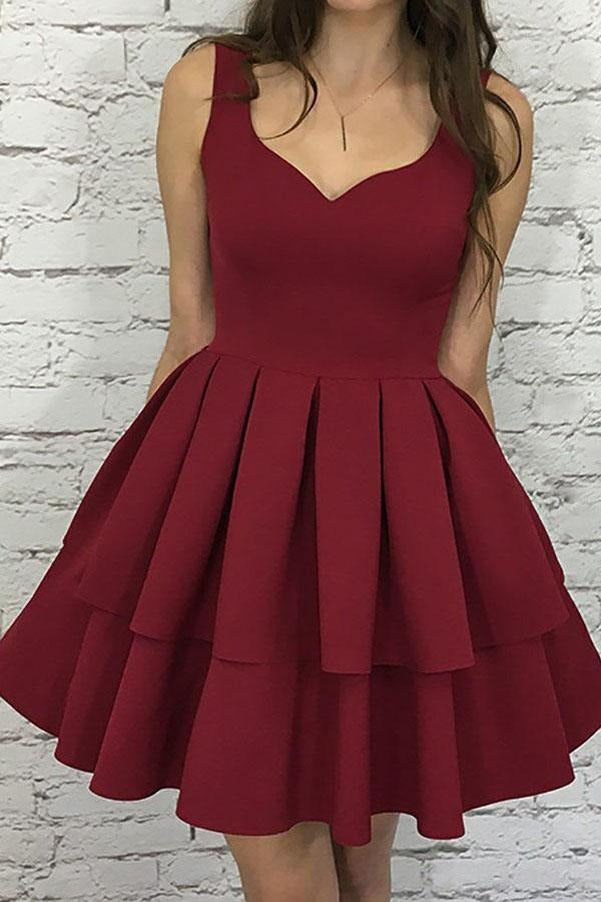 A-Line Scoop Neck Tiered Elastic Satin  Homecoming Dresses