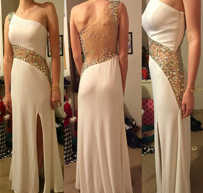 Women's Embellished One - Shoulder White Slit Long Evening Dress