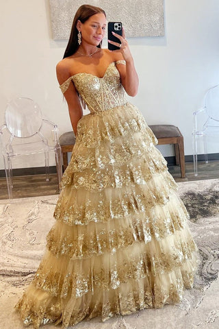 Off the Shoulder Princess Sequined Lace Prom Dresses