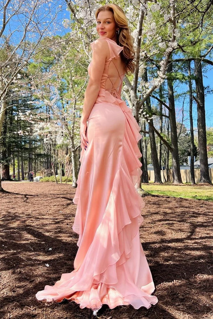 Square Neck Ruffle Slit Prom Dress