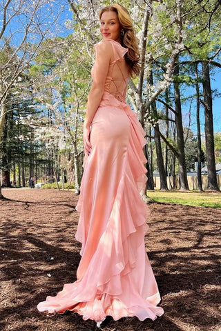 Square Neck Ruffle Slit Prom Dress