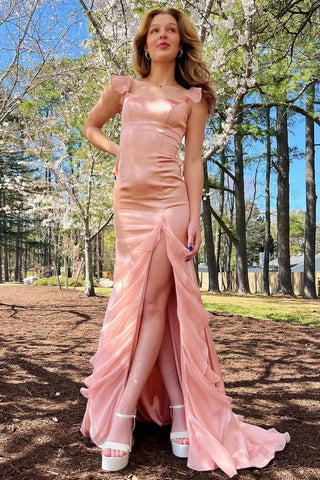 Square Neck Ruffle Slit Prom Dress