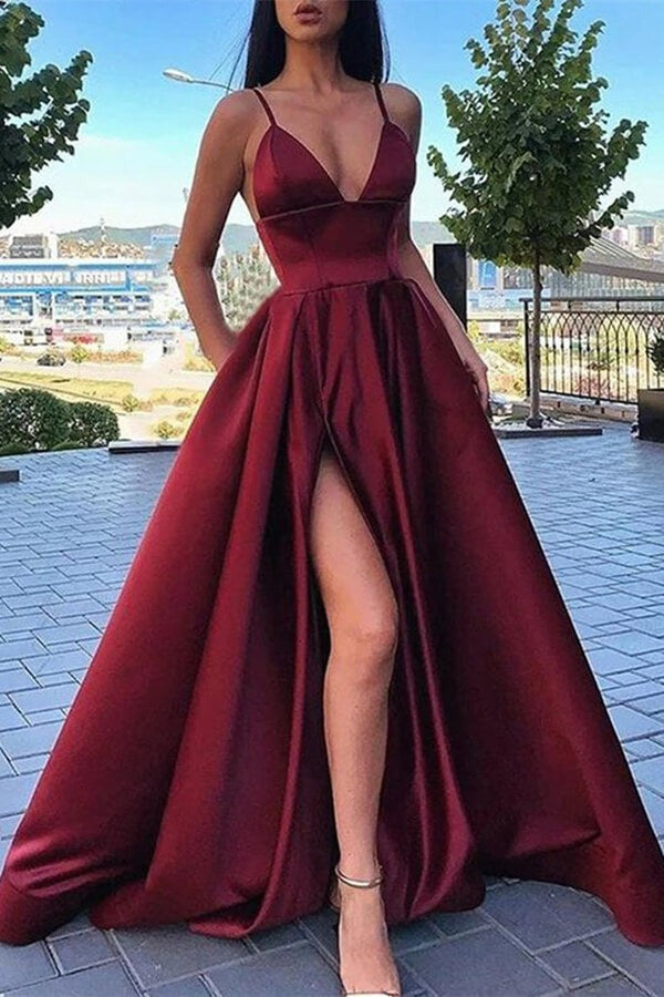 A-line Satin  V-neck Spaghetti Straps Long Prom Dresses With High Split
