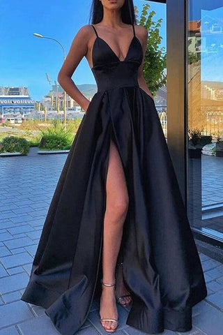 A-line Satin  V-neck Spaghetti Straps Long Prom Dresses With High Split