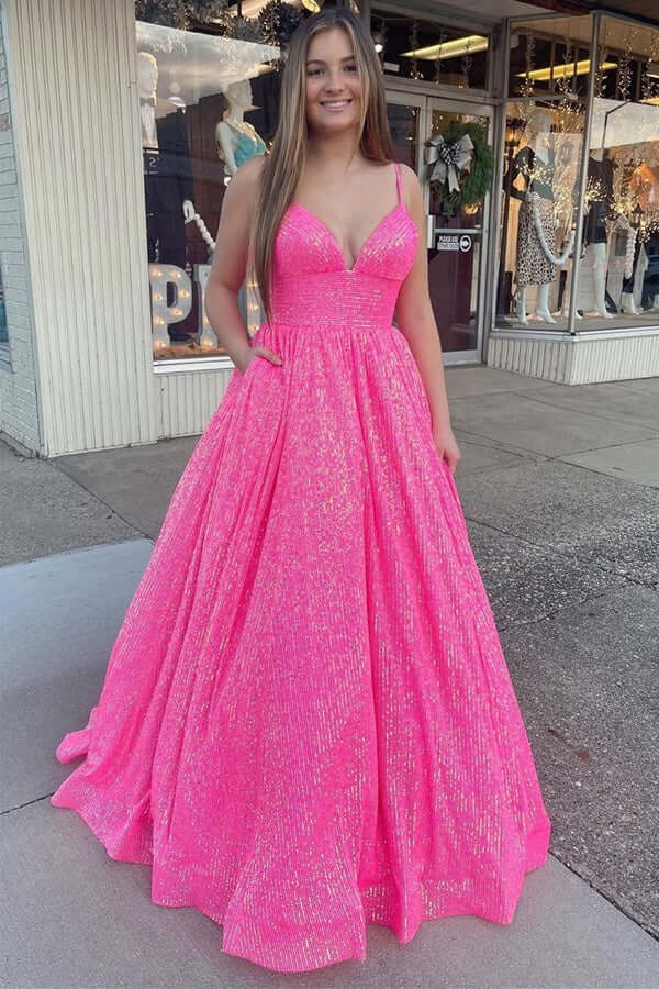 A-line V Neckline Spaghetti Straps  Prom Dresses With Pockets