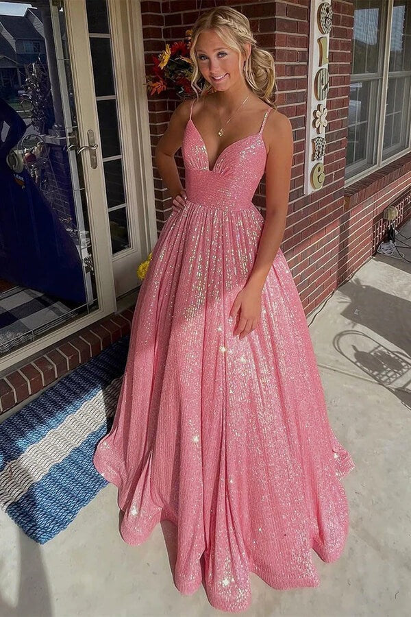 A-line V Neckline Spaghetti Straps  Prom Dresses With Pockets