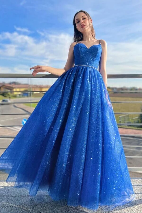 A-line Shiny Tulle  V-neck Long Simple Formal Prom Dresses