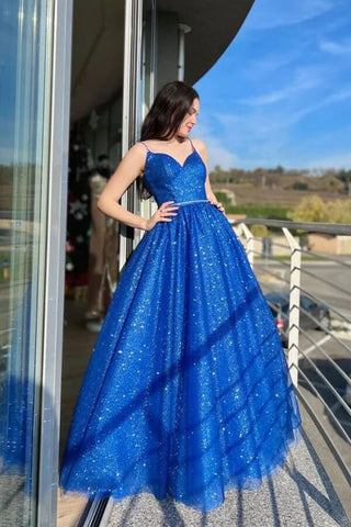 A-line Shiny Tulle  V-neck Long Simple Formal Prom Dresses