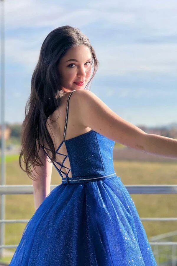 A-line Shiny Tulle  V-neck Long Simple Formal Prom Dresses