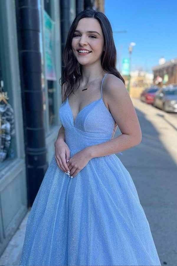 Shiny A-lineTulle  Spaghetti Straps Long Formal Prom Dresses