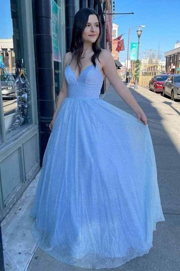 Shiny A-lineTulle  Spaghetti Straps Long Formal Prom Dresses