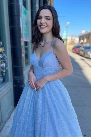 Shiny A-lineTulle  Spaghetti Straps Long Formal Prom Dresses