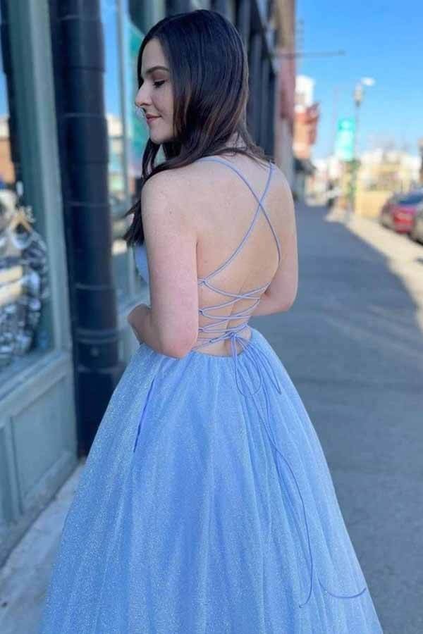 Shiny A-lineTulle  Spaghetti Straps Long Formal Prom Dresses