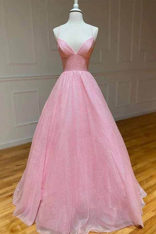 Shiny A-lineTulle  Spaghetti Straps Long Formal Prom Dresses